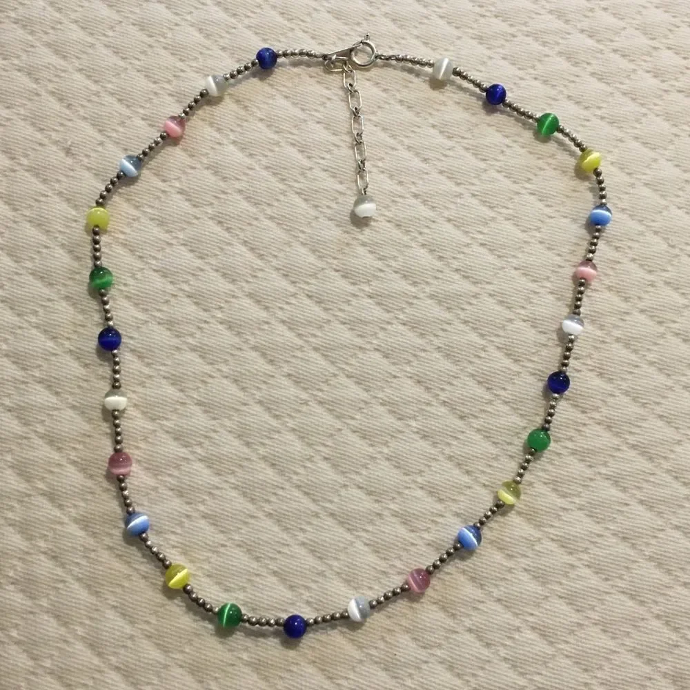 VTG Sterling Silver Multicolor Cats Eye Station Beaded Choker Necklace Extension